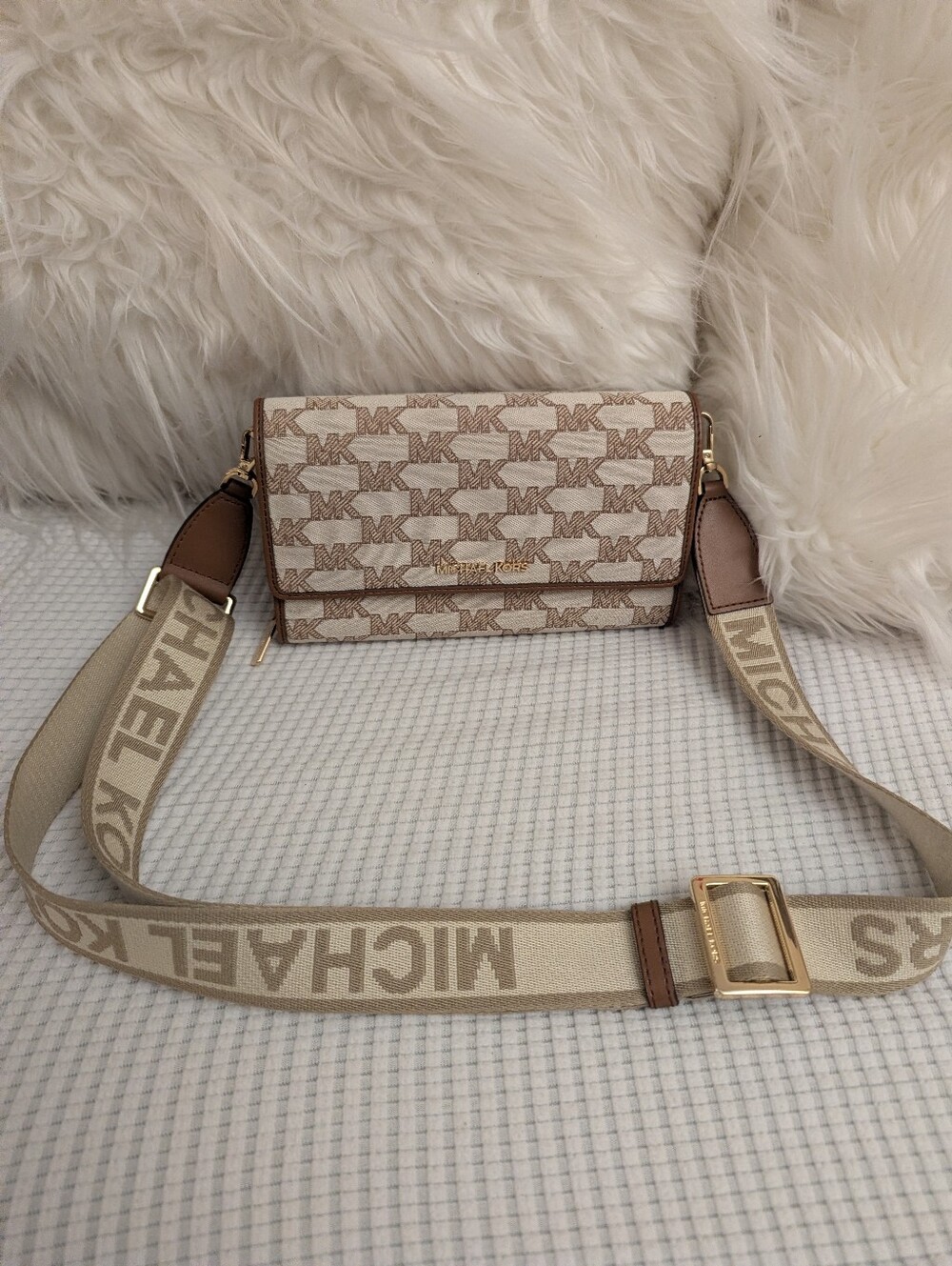 Michael Kors Beige Logo Wallet Bag With Wedge Logo Crossbody, Adjustable Strap